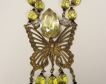 Vintage Unique Art Nouveau Gablonz Czech  Lemon Lime Orange Faceted Glass Butterfly Rhinestone Necklace