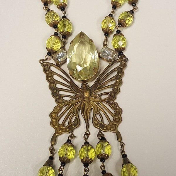 Vintage Unique Art Nouveau Gablonz Czech  Lemon Lime Orange Faceted Glass Butterfly Rhinestone Necklace