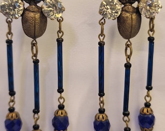 Vintage Scarab Beetle Art Nouveau Gablonz Old Czech Dark Blue Glass Faceted Drop & Rhinestone Earrings
