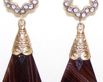 Vintage Gablonz Czech Brown Beige Stripe Glass Drop Earrings with Rhinestones