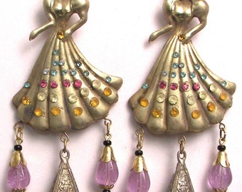 Vintage Unique Art Nouveau Gablonz Czech Lemon Yellow Crystal& Lilac Beads Princess Jantar Glass Drop Earrings