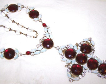 Brobdingnagian Vintage Unique Art Nouveau Woman Czech Blood Red Glass Cross Necklace with Opalescent Gems and Rhinestones