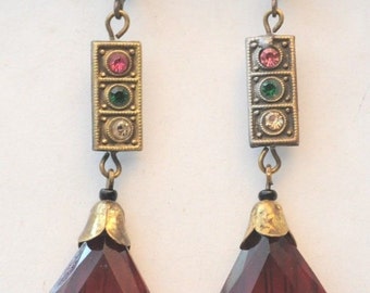 Vintage Unique Art Nouveau Gablonz Old Czech BLOOD RED Faceted Glass Drop Earrings & Rhinestones - Smaller Range