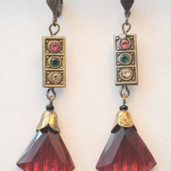 Vintage Unique Art Nouveau Gablonz Old Czech BLOOD RED Faceted Glass Drop Earrings & Rhinestones - Smaller Range