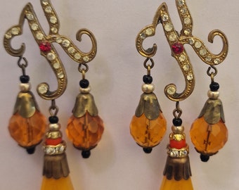Vintage Unique Gablonz Nouveau Old Czech Letter 'K' Vibrant Tangerine Hand Carved Glass Drop Earrings with Rhinestones