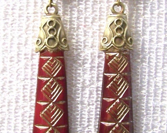 Vintage Gablonz Old Czech Carved Hand Gold-Filled Carved Glass Filigree Cherry Red Peak Drop Earrings