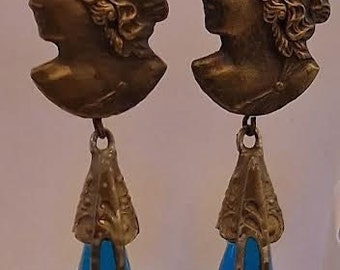 Vintage Gablonz Old Czech Greek Goddess Hand Gold Filled Carved Blue Glass Drop Earrings