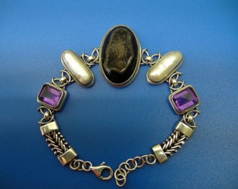 Vintage Natural Multi-Gem Silver Chain Bracelet - Amethyst, Pearl, Druzy Quartz