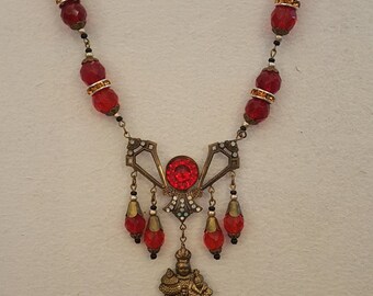 Vintage Unique Art Nouveau Religious Icon Gablonz Czech Necklace with Bright Blood Red Glass Drops and Orange Rhinestones or Crystals.