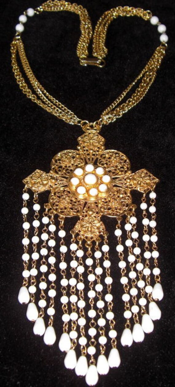Theatrical Huge Vintage Long White Filigree Pendan