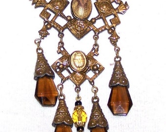 Vintage Unique Art Nouveau Gablonz Czech Scarab Necklace with Dark Topaz and Citrine Glass Droplets