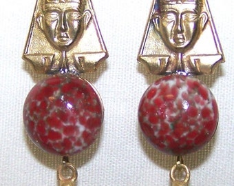 Vintage Art Nouveau Gablonz Old Czech Triangular Fuschia Glass Drop & Rhinestone Rameses Egypt Earrings - Medium Range