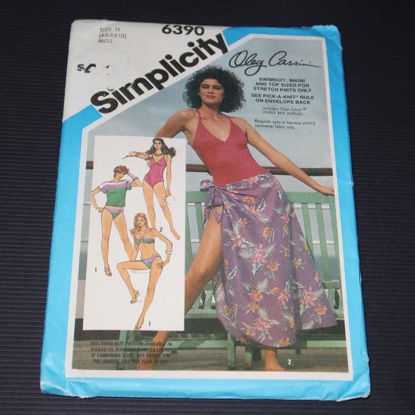 Uncut 6-8-10 Simplicity 6390 Oleg Cassini Misses Swimsuit, Bikini, Pullover Top and Pareau