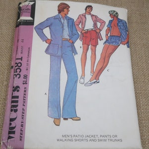 May include: A McCall's 3581 sewing pattern envelope featuring illustrations of three outfits: a blue jacket and pants set, a red plaid jacket with red shorts, and a blue patterned short-sleeve shirt with matching blue swim trunks.
