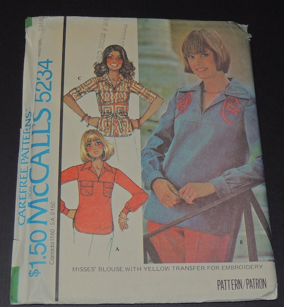 Uncut Small, Bust 32.5-34 McCalls 5234 Misses Blouse Pattern and Transfers