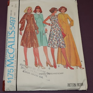 Uncut size 10 Bust 32 1/2 McCalls 5497 Misses Dress and Scarf Pattern dated 1977