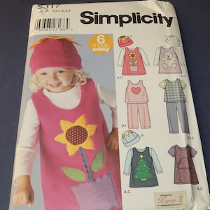 Uncut 1/2-4 Six Made Easy Simplicity 5317 Toddlers Jumper or Top, Pants in 2 Lengths, Knit Top and Hat Pattern