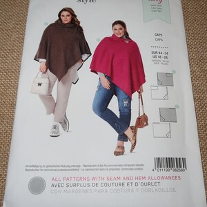 May include: A Burda Style sewing pattern for capes. The pattern cover features two women modeling capes in brown and fuchsia. The text on the cover includes "super easy", "CAPE", and size information in EUR and US sizes.