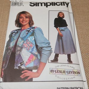 May include: Simplicity sewing pattern featuring a patchwork jacket and denim skirt design. The pattern includes the text "THE LENA-CLAIRE BY-LESLIE LEVISON COLLECTION" and the number "7853". The jacket has blue and floral patterned fabric.