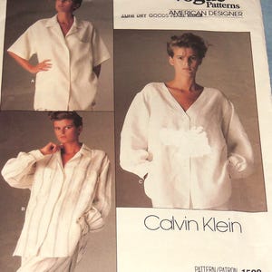 May include: Vogue Patterns sewing pattern featuring a Calvin Klein design. The pattern includes images of a white button-down shirt and striped pajama set. The text on the pattern reads "American Designer".