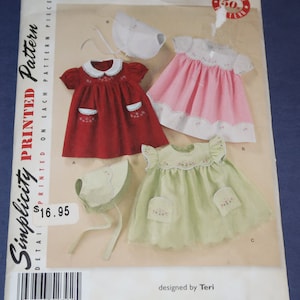 Uncut XS-L Babies Dress, Bonnet with Embroidery Pattern, Simplicity 2392