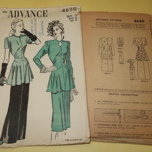 May include: Vintage sewing pattern from Advance, featuring illustrations of 1940s women's fashion. The pattern cover is light beige with a teal and black illustration. The pattern includes instructions and diagrams for creating various garments.