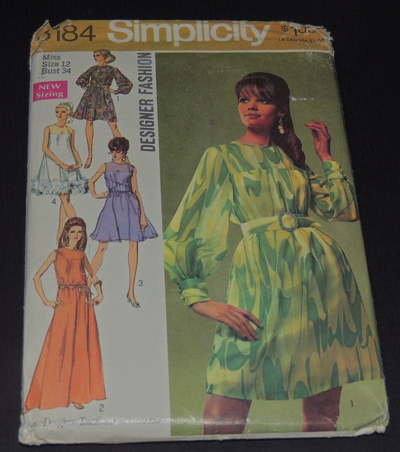 Uncut Bust 34 Simplicity 8184 Designer Fashion Dress in 2 Lengths 1969