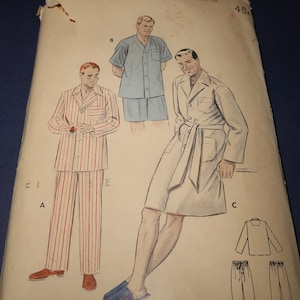 Uncut Small 34-36 Butterick 6317 Mens Pajamas in 2 Lengths and Sleep Coat, 1950s