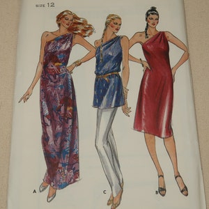 May include: A vintage sewing pattern for a one-shoulder dress. The pattern is for size 12 and includes three different styles: a long floral print dress, a shorter blue dress with a belt, and a solid red dress. The pattern is from Butterick and is number 3484.
