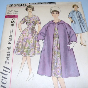 May include: Vintage Simplicity printed sewing pattern, number 3788, featuring illustrations of women's dresses and coats. The pattern includes a dress with a floral print, a long coat, and a dress with a matching coat. The bust size is 35 inches.