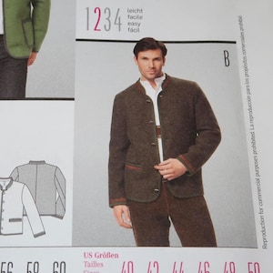 May include: A man wearing a brown wool jacket and matching pants. The jacket has a mandarin collar, dark brown buttons, and red and brown trim. The image is from a sewing pattern, with the numbers "1234" and the words "leicht, facile, easy, fácil" visible.