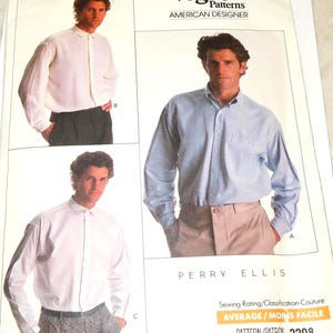 May include: Vogue Patterns American Designer sewing pattern 2208 by Perry Ellis. The envelope features three illustrations of long-sleeved button-down shirts labeled A, B, and C, with a sewing rating of Average. The text includes Vogue Patterns.