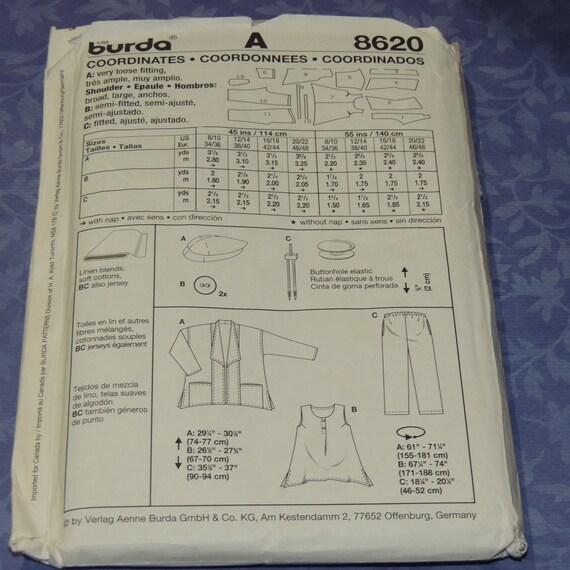 Jacket Pattern Uncut 8 to 22 Burda 8620 Top Pants