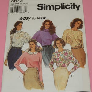 May include: Simplicity sewing pattern number 8673, size AA (XS, SM, M), EUR (34-44), easy to sew. The pattern shows five different women wearing five different tops with long sleeves and a variety of necklines. The tops are shown with different skirts.