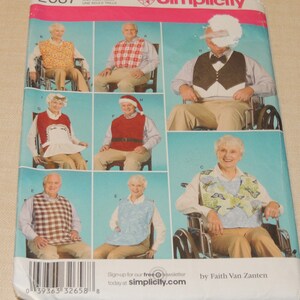 May include: Simplicity sewing pattern 2687. The pattern features bibs in various designs, including floral, plaid, and holiday-themed styles. The bibs are designed for adults and are shown being worn by seated individuals.