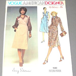 May include: A vintage Vogue American Designer sewing pattern, size 16, featuring illustrations of women's dresses. The cover includes the text "VOGUE AMERICAN DESIGNER" and "SIZE: 16". The pattern number is 1580, designed by Jerry Silverman.