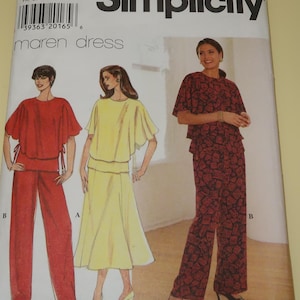 May include: Simplicity sewing pattern 7600 for a maren dress. The pattern features illustrations of three different outfits: a red pantsuit, a yellow skirt and top, and a patterned pantsuit. The pattern includes sizes XS, S, and M.