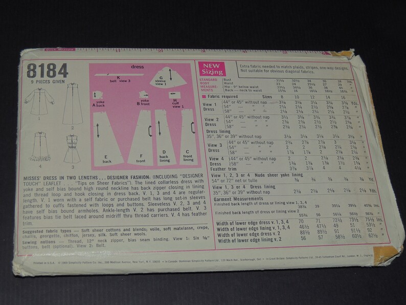 Uncut Bust 34 Simplicity 8184 Designer Fashion Dress in 2 Lengths 1969