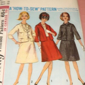 May include: Vintage sewing pattern featuring three illustrated women's suits. The suits are in cream, red, and black and white houndstooth. The pattern includes the text "A HOW-TO-SEW PATTERN". The pattern size is 18, with a bust size of 38 inches.