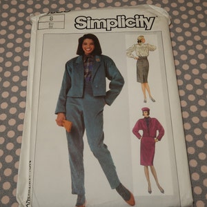 Uncut 8 Bust 31 1/2 Simplicity 7600 Misses Pants, Skirt and Loose Fitting Lined Jacket Pattern dated 1986