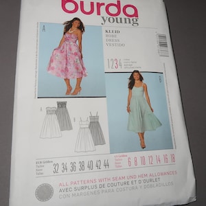 May include: Burda Young sewing pattern number 7388 for a dress with a floral print. The pattern includes instructions for sizes 32 to 44 and 6 to 18. The pattern includes seam and hem allowances. All patterns with seam and hem allowances. Avec surplus de couture et d'ourlet. Con margenes para costura y dobladillos.
