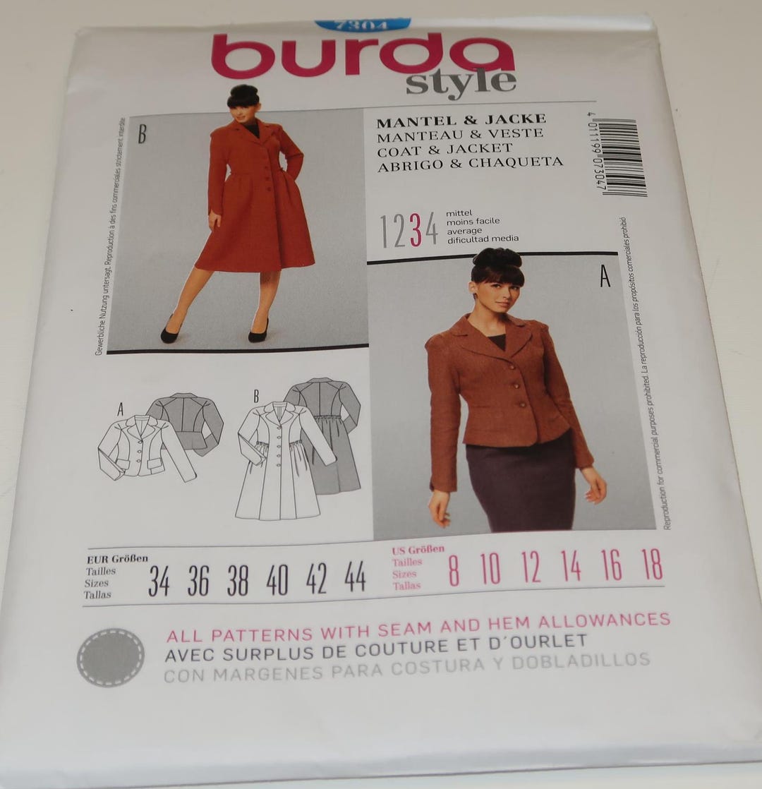 Uncut 8-18 Burda Style 7304 Coat and Jacket Pattern - Etsy