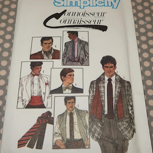 May include: Simplicity sewing pattern number 6694, "Connoisseur Collection", featuring five different men's outfits, including a tuxedo, a suit, a vest, and a shirt with a bow tie.