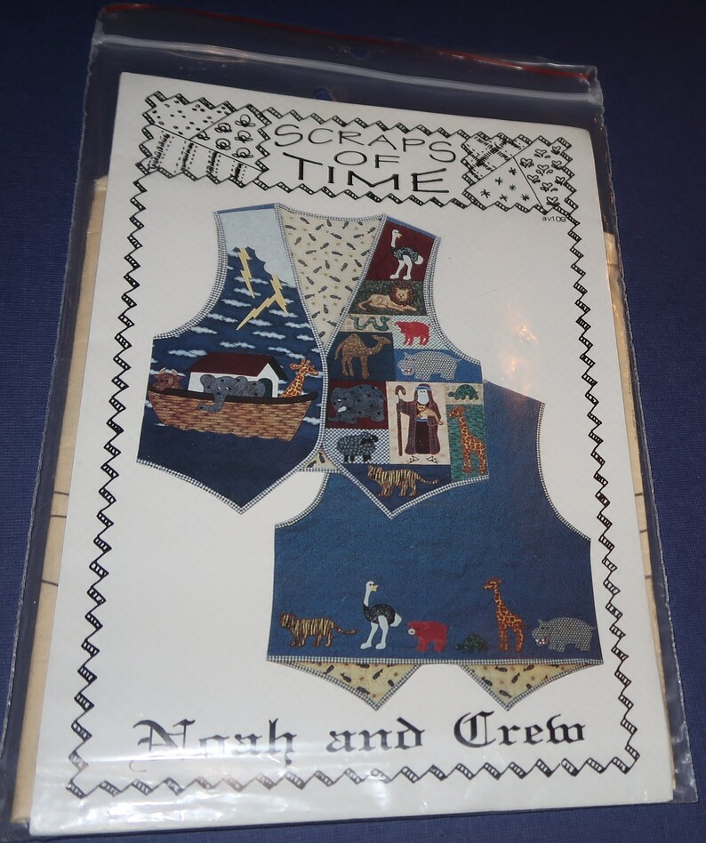 May include: A sewing pattern for a quilted vest featuring a Noah's Ark theme. The pattern is titled "Scraps of Time" and "Noah and Crew". The vest is made of blue denim with colorful patchwork squares depicting animals from the ark.