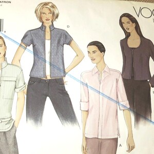 May include: Vogue basic design sewing pattern featuring various women's tops and jackets. The pattern includes a denim jacket, a pink button-down shirt, and a dark purple jacket. The size is 6, 8, and 10.