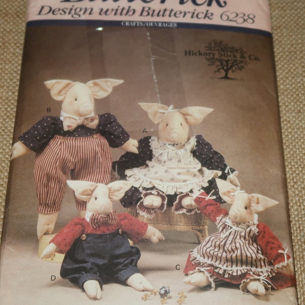 Uncut Butterick 6238 Country Pigs Pattern, 14 and 20 inch with clothing pattern