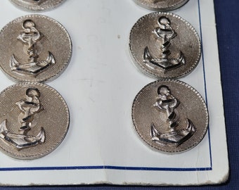 6 Vintage 1940s "Anchor" Silver tone Metal Buttons, 1 1/4 inch