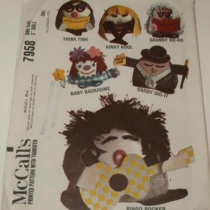 May include: Vintage McCall's pattern featuring several whimsical stuffed doll designs. The pattern includes instructions for creating dolls like "Think Fink," "Granny Go-Go," and "Ringo Rocker." The pattern is labeled "7958" and includes the text "WAY-OUT WITH-ITS."