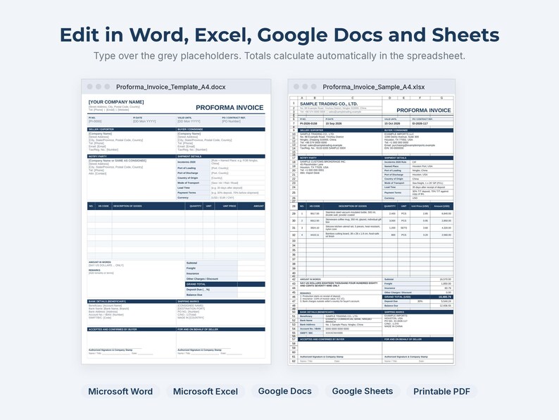 Proforma Invoice Tracker Proforma Invoice Template, Editable Word Excel Google Sheets, Export ...