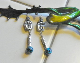 Face beads, Turquoise marbled with black beads, dangle earrings